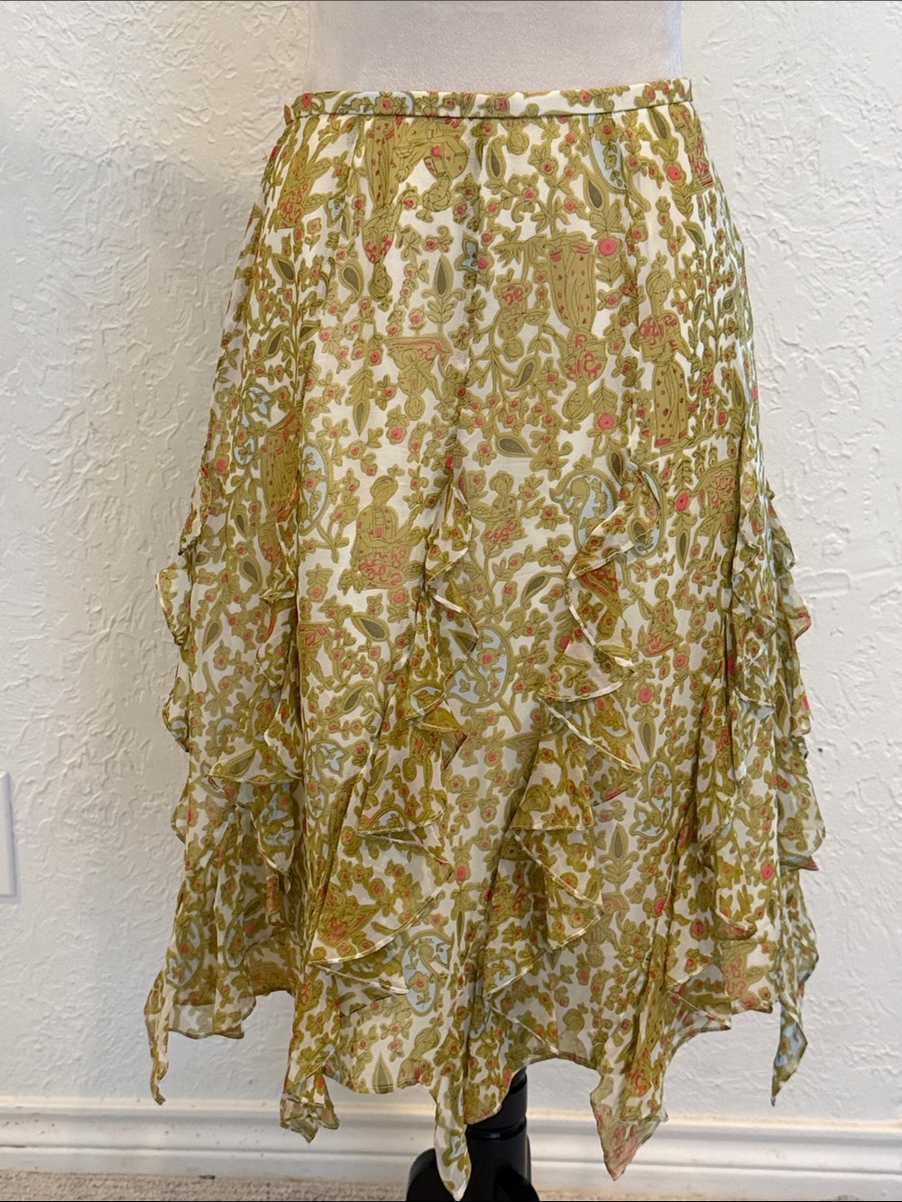 Kay Unger Floral Ruffle Handkerchief Hem Skirt - Olive Green size 4